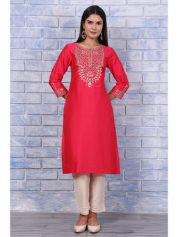 W - Pink Embroidered Kurta For Women
