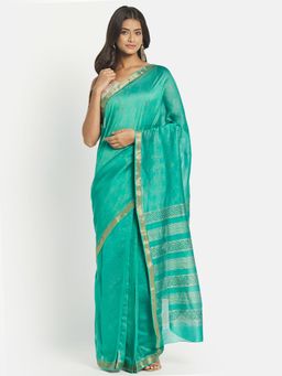 Fabindia - Green Cotton Silk Butta Hand Block Printed Stitched Saree without Blouse