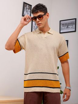 The Indian Garage Co - Men Stripes Half Sleeves Johnny Collar Casual Polo T-Shirt