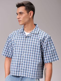 The Indian Garage Co - Men Boxy Fit Checks Half Sleeves Cuban Collar Cropped Shirt