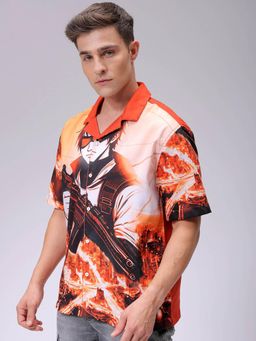 The Indian Garage Co - Men Oversized Anime Print Half Sleeves Cuban Collar Shirt