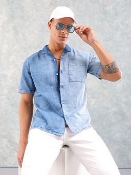The Indian Garage Co - Men Solid Half Sleeves Camp Collar Denim Shirt