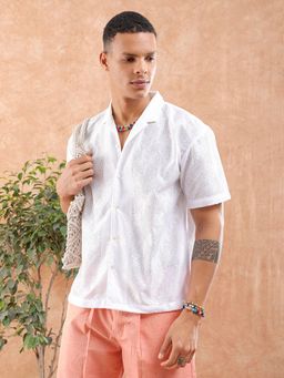 The Indian Garage Co - Men Self Design Half Sleeves Cuban Collar Shirt