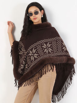 SHOWOFFFF - Womens High Neck Geometric Brown Longline Poncho