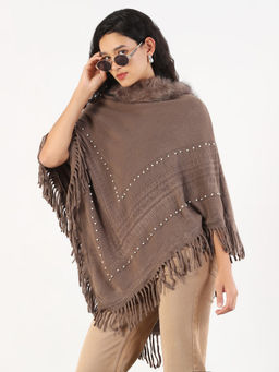 SHOWOFFFF - Womens High Neck Solid Brown Longline Poncho