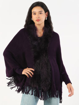 SHOWOFF - Womens V-Neck Solid Purple Longline Poncho