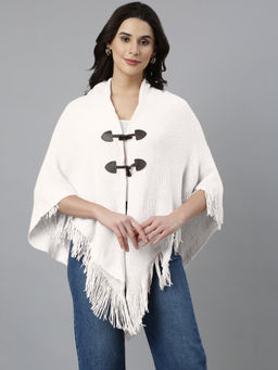 SHOWOFF - Womens Hood Neck Woven White Longline Poncho