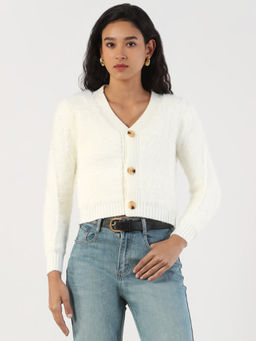 SHOWOFF - Womens V-Neck Solid Cream Cardigan