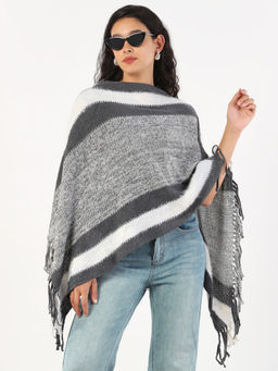 SHOWOFF - Womens V-Neck Self Design Grey Poncho