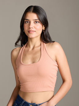 Twenty Dresses by Nykaa Fashion - Apricot Solid Halter Neck Sleeveless Fitted Crop T-Shirt