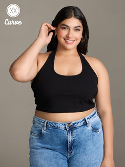 Twenty Dresses by Nykaa Fashion - Curve Black Solid Halter Neck Sleeveless Crop T-Shirt