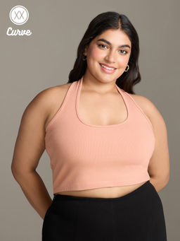 Twenty Dresses by Nykaa Fashion - Curve Apricot Solid Halter Neck Sleeveless Crop T-Shirt