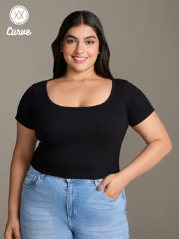 Twenty Dresses by Nykaa Fashion - Curve Black Solid Square Neck Short Sleeves Crop T-Shirt