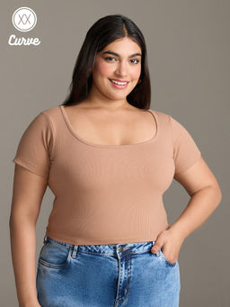 Twenty Dresses by Nykaa Fashion - Curve Brown Solid Square Neck Short Sleeves Crop T-Shirt