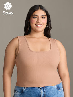 Twenty Dresses by Nykaa Fashion - Curve Brown Solid Square Neck Sleeveless Crop T-Shirt