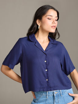 Twenty Dresses by Nykaa Fashion - Midnight Blue Solid Resort Collar Crop Shirt