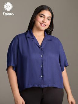 Twenty Dresses by Nykaa Fashion - Curve Midnight Blue Solid Resort Collar Crop Shirt