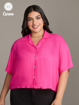 Twenty Dresses by Nykaa Fashion - Curve Fuchsia Pink Solid Resort Collar Crop Shirt