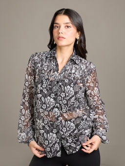 Twenty Dresses by Nykaa Fashion - Black and White Floral Print Pointed Collar Shirt