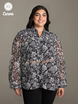 Twenty Dresses by Nykaa Fashion - Curve Black and White Floral Print Pointed Collar Shirt
