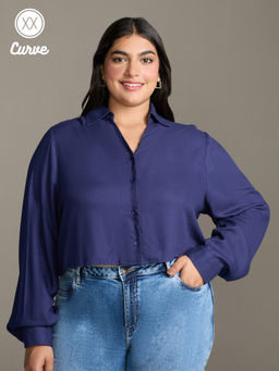 Twenty Dresses by Nykaa Fashion - Curve Midnight Blue Solid Pointed Collar Crop Shirt