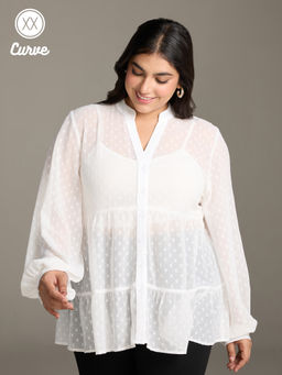Twenty Dresses by Nykaa Fashion - Curve White Self Design Collar Shirt with Inner (Set of 2)