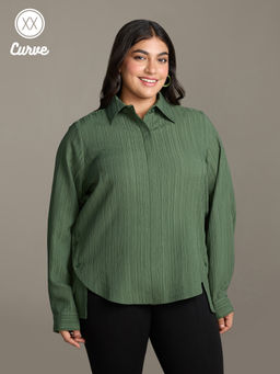 Twenty Dresses by Nykaa Fashion - Curve Bottle Green Self Design Side Buttons Shirt