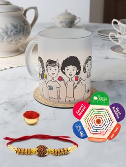 Indigifts - Raksha Bandhan Gift Hamper Frosted Mug, Rakhi, Roli With Card, Rakhi For Brother