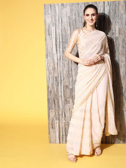 Odette - Beige Sequence Embroidered Georgette Saree with Unstitched Blouse