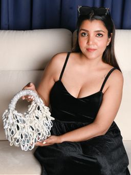 Odette - White Beads and Mirror Work Handbag