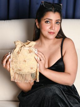 Odette - Golden Suede Exhaustive with Sequin and Beads Work Potli Bag
