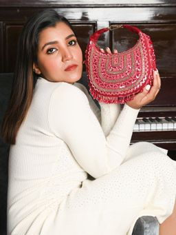 Odette - Dark Pink Suede Beads and Sequins Handbag