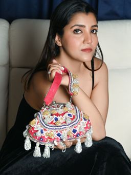 Odette - Pink Silk Blend Metallic Stone Work Handbag