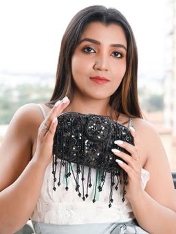 Odette - Black Pu Beads Embellished Tasseled with Sequin Clutch