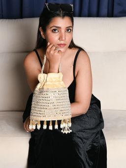 Odette - Cream Beads and Mirror Work Potli Bag