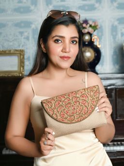 Odette - Women Beige Jute Clutch with Red Beads Clutch