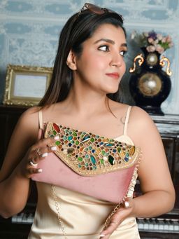 Odette - Women Pink Suede Embellished with Multi Stones Clutch