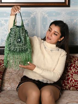 Odette - Green Beads Suede and Cutdana Loop Tassels Potli Bag