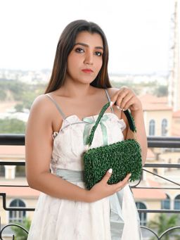 Odette - Green Beads and Cutdana Tassels Work Handbag