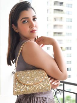 Odette - Golden Jute Embellished Pure Stone and Beads Handbag