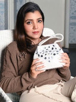 Odette - White Beads Embellished Mirror Work Handbag
