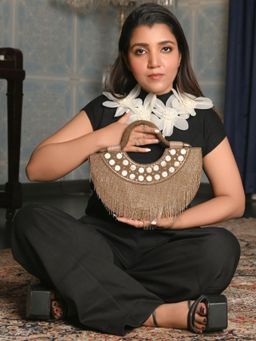 Odette - Golden Polyester Encompassing with Beads and Stone Handbag