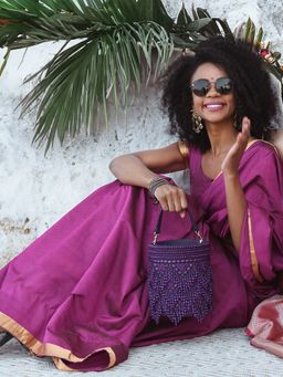 versuhz - Handcrafted Purple Intricate Beads Embellished Bucket Bag