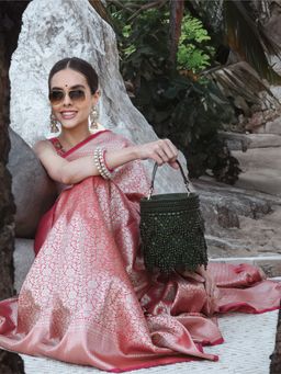 versuhz - Handcrafted Dark Olive Intricate Beads Embellished Bucket Bag