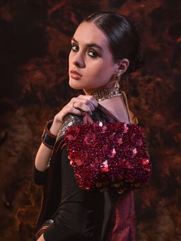versuhz - Maroon Orchid 3D Flower Crystal Beads Embellished Bucket Bag