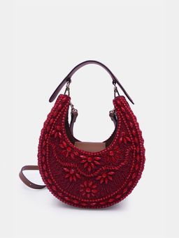 versuhz - Maroon Floral Embellished Beads Handbag