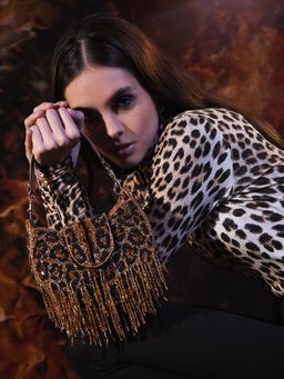 versuhz - Brown Leopard Fringed Embellished with Beads Handbag