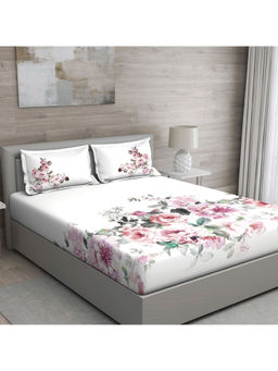 GM - White Pink And Green Floral 150 Tc Cotton Queen Bedsheet With 2 Pillow Covers