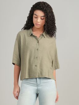VERO MODA - Linen Blend Half Sleeved Shirt - Green