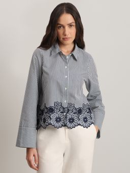VERO MODA - Striped Embroidered Lace Shirt - Navy Blue